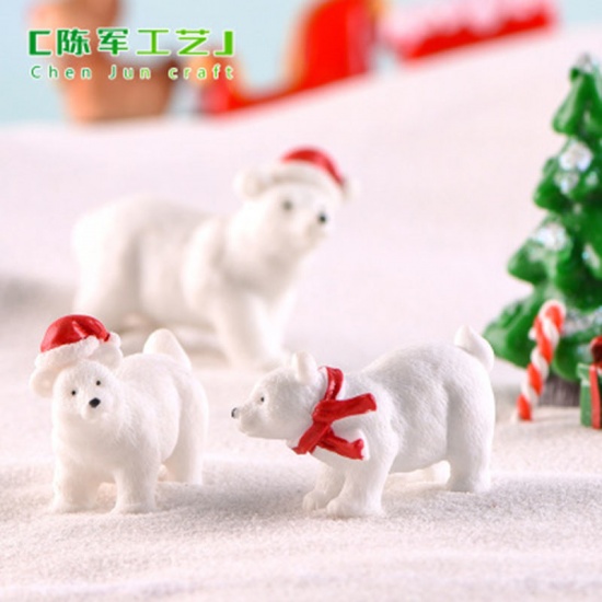 Picture of Resin Ornaments Decorations White & Red Bear Animal Christmas Hats 59mm x 40mm, 1 Piece