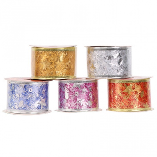 Picture of Gauze Christmas Satin Ribbon Golden Star 5.2cm, 1 Roll (Approx 10 Yards/Roll)