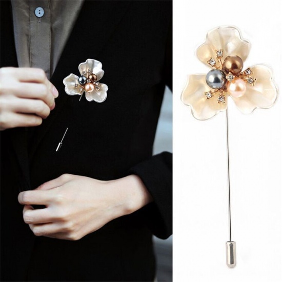Picture of Pin Brooches Flower Champagne Gold Black Imitation Pearl 80mm, 1 Piece