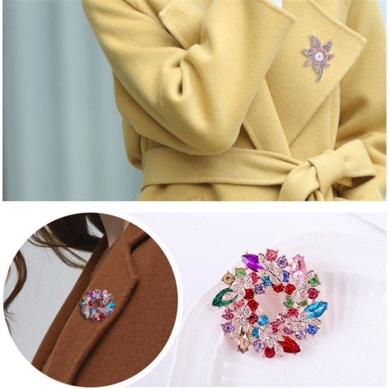 Picture of Exquisite Pin Brooches Rose Flower Rose Gold Red Imitation Gemstones Clear Rhinestone 6.2cm x 4cm, 1 Piece