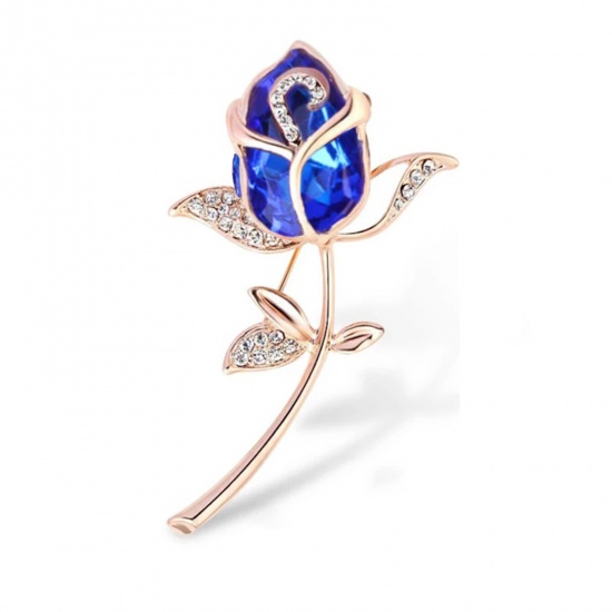 Picture of Exquisite Pin Brooches Rose Flower Rose Gold Royal Blue Imitation Gemstones Clear Rhinestone 6.2cm x 4cm, 1 Piece