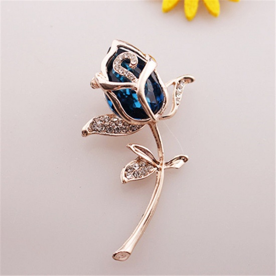 Picture of Exquisite Pin Brooches Rose Flower Rose Gold Royal Blue Imitation Gemstones Clear Rhinestone 6.2cm x 4cm, 1 Piece