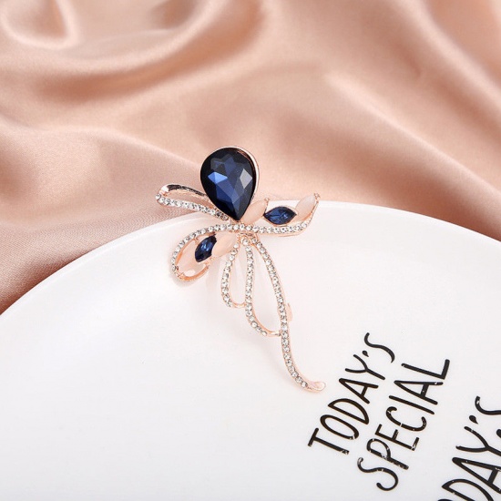 Picture of Exquisite Pin Brooches Flower Rose Gold Navy Blue Imitation Gemstones Clear Rhinestone 6.5cm x 4.2cm, 1 Piece