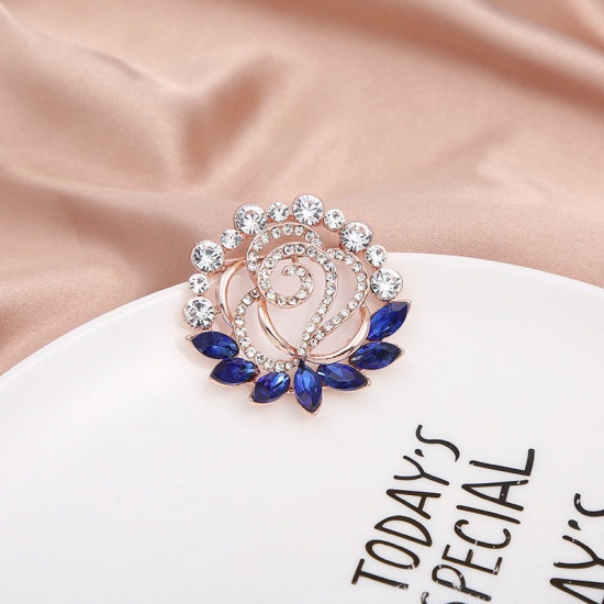 Picture of Exquisite Pin Brooches Flower Rose Gold Dark Blue Clear Rhinestone 4.2cm x 4.2cm, 1 Piece