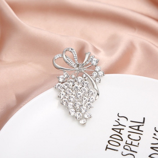 Picture of Exquisite Pin Brooches Flower Ribbon Silver Tone Clear Rhinestone 6.6cm x 4.2cm, 1 Piece