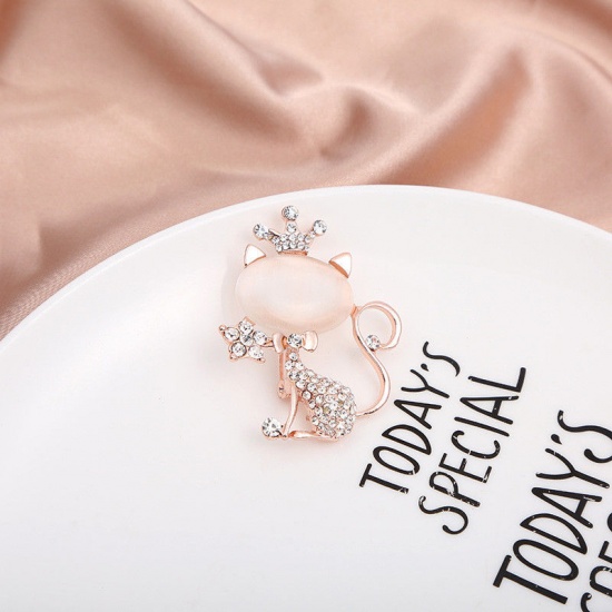 Picture of Exquisite Pin Brooches Cat Animal Crown Rose Gold White Clear Rhinestone 5cm x 3.9cm, 1 Piece