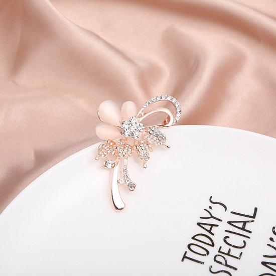 Picture of Exquisite Pin Brooches Flower Rose Gold Peachy Beige Cat's Eye Imitation Clear Rhinestone 5.8cm x 3.8cm, 1 Piece