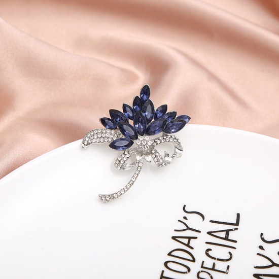 Picture of Exquisite Pin Brooches Flower Silver Tone Navy Blue Imitation Gemstones Clear Rhinestone 4.7cm x 4.5cm, 1 Piece