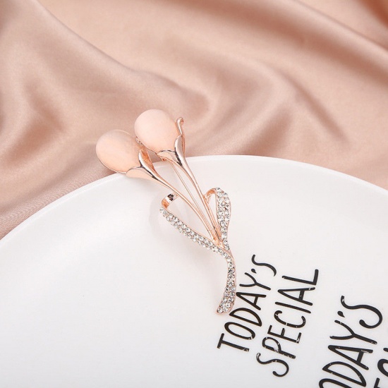 Picture of Exquisite Pin Brooches Calla Lily Rose Gold Peachy Beige Cat's Eye Imitation Clear Rhinestone 7.2cm x 3cm, 1 Piece