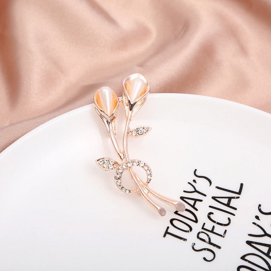 Picture of Exquisite Pin Brooches Calla Lily Rose Gold Imitation Pearl Clear Rhinestone 6cm x 3.9cm, 1 Piece