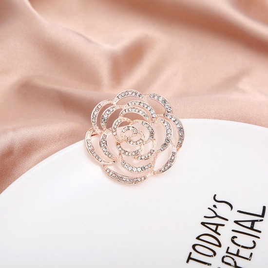 Picture of Exquisite Pin Brooches Rose Flower Rose Gold Clear Rhinestone 4.2cm x 4cm, 1 Piece