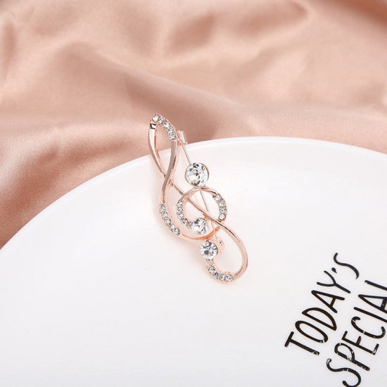 Picture of Exquisite Pin Brooches Musical Note Rose Gold Clear Rhinestone 5.4cm x 2cm, 1 Piece