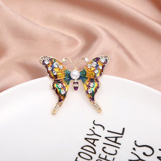 Picture of Exquisite Pin Brooches Butterfly Animal Rose Gold Multicolor Imitation Pearl Clear Rhinestone 4.9cm x 4.1cm, 1 Piece