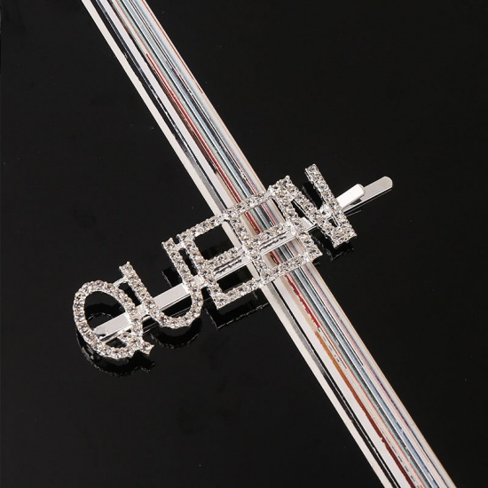 Imagen de Pinzas de pelo Tono de Plata Mensaje " Queen " Transparente Rhinestone 7cm, 1 Unidad
