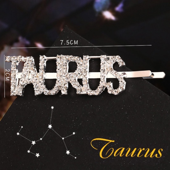 Picture of Hair Clips Silver Tone Taurus Sign Of Zodiac Constellations Clear Rhinestone 9cm - 6.5cm, 1 Piece