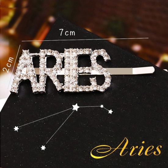 Picture of Hair Clips Silver Tone Aries Sign Of Zodiac Constellations Clear Rhinestone 9cm - 6.5cm, 1 Piece
