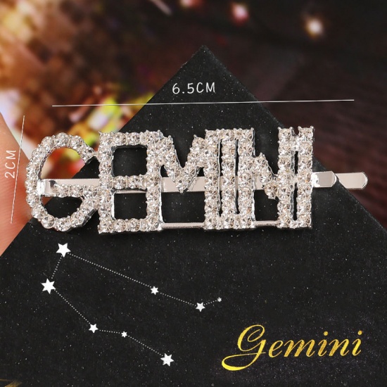 Picture of Hair Clips Silver Tone Gemini Sign Of Zodiac Constellations Clear Rhinestone 9cm - 6.5cm, 1 Piece