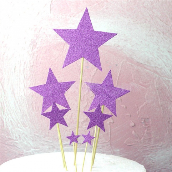 Picture of Paper Cupcake Picks Toppers Purple Pentagram Star Glitter 1 Set ( 7 PCs/Set)