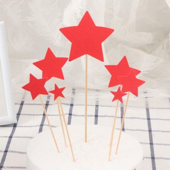 Picture of Paper Cupcake Picks Toppers Red Pentagram Star Glitter 19cm x 7cm - 13cm x 2cm, 1 Set ( 7 PCs/Set)
