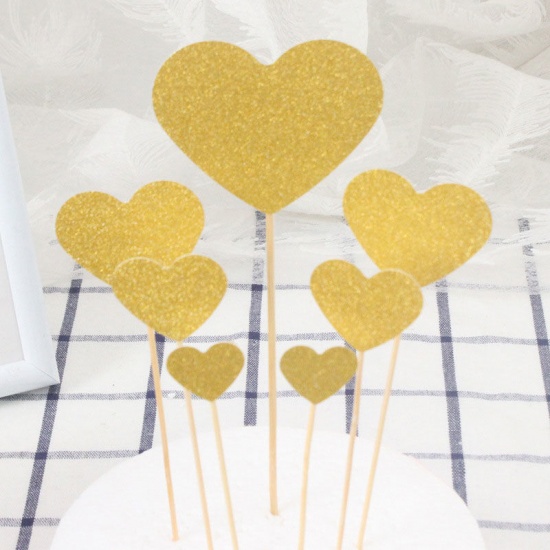 Picture of Paper Cupcake Picks Toppers Golden Heart Glitter 19cm x 7.5cm - 13cm x 2.5cm, 1 Set ( 7 PCs/Set)