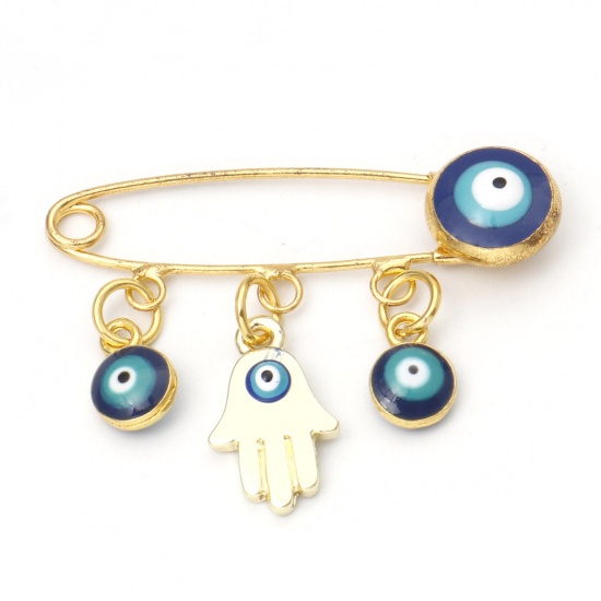 Picture of Pin Brooches Evil Eye Hand Palm Gold Plated Multicolor Enamel 36mm x 11mm, 1 Piece