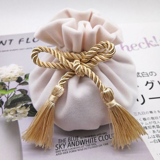 Picture of Polyester Drawstring Bags Round White & Golden Tassel 17cm x 12cm, 1 Piece