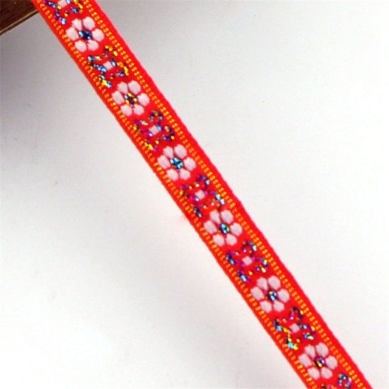 テリレン ジャカードウェビングリボン 赤 花 10mm、 1 巻(約7メートル/巻)  の画像
