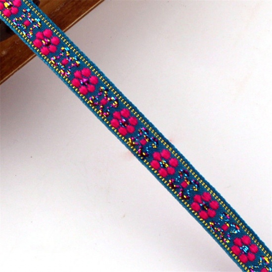Picture of Polyester Jacquard Webbing Ribbon Lake Blue Flower 10mm, 1 Roll (Approx 7 M/Roll)