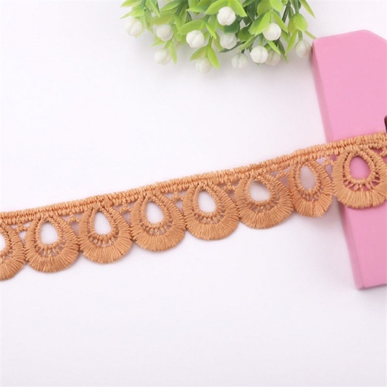 Picture of Polyester Elastane Embroidered Ribbon Trim Light Coffee Peacock Feather 27mm, 5 Yards
