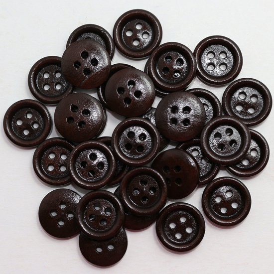 Picture of Wood Sewing Buttons Scrapbooking 4 Holes Round Dark Coffee 11.5mm Dia., 100 PCs