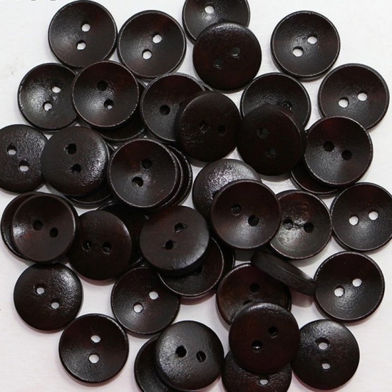 Picture of Natural Wood Sewing Buttons Scrapbooking Two Holes Round Dark Coffee 11.5mm Dia., 100 PCs