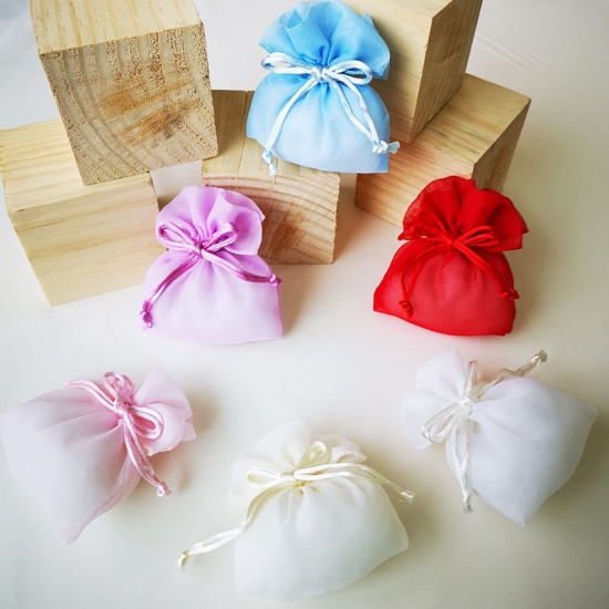 Picture of Wedding Gift Yarn Organza Jewelry Bags Bowknot Light Pink 14cm x 11.5cm, 5 PCs