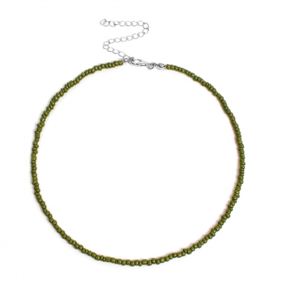 Picture of Boho Chic Bohemia Beaded Necklace Army Green Handmade 38cm(15") long, 1 Piece