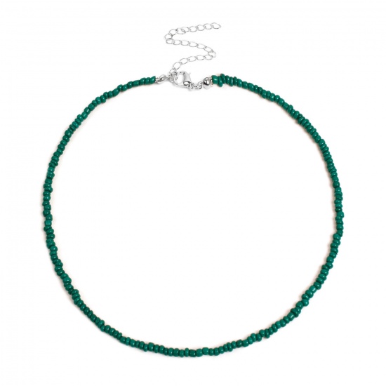 Picture of Boho Chic Bohemia Beaded Necklace Dark Green Handmade 38cm(15") long, 1 Piece