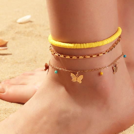 Picture of Polymer Clay Boho Chic Bohemia Beaded Anklet Gold Plated Yellow Butterfly Animal 21.7cm(8 4/8") long - 19.6cm(7 6/8") long, 1 Set ( 3 PCs/Set)