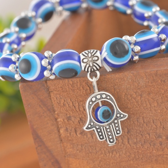 Picture of Resin Elastic Bracelets Blue Hamsa Symbol Hand Evil Eye 18.5cm(7 2/8") long, 1 Piece