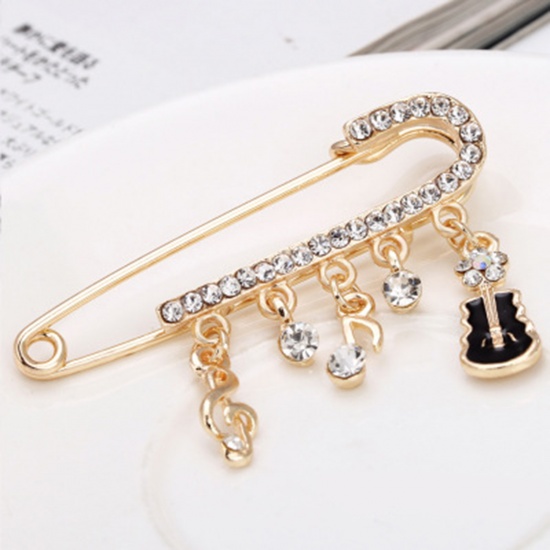Picture of Pin Brooches Guitar Musical Instrument Musical Note Gold Plated Black Clear Rhinestone 55mm x 13mm, 1 Piece