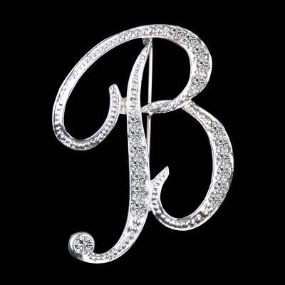 Picture of Pin Brooches Capital Alphabet/ Letter Message " B " Silver Plated Clear Rhinestone 1 Piece