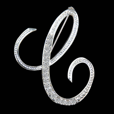 Picture of Pin Brooches Capital Alphabet/ Letter Message " C " Silver Plated Clear Rhinestone 1 Piece