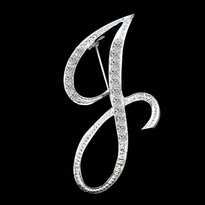Picture of Pin Brooches Capital Alphabet/ Letter Message " J " Silver Plated Clear Rhinestone 1 Piece