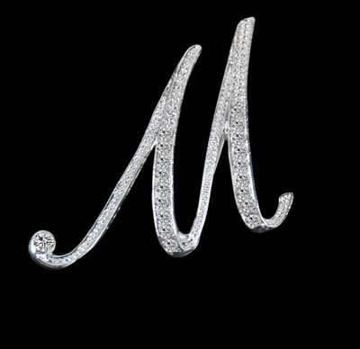 Picture of Pin Brooches Capital Alphabet/ Letter Message " M " Silver Plated Clear Rhinestone 1 Piece