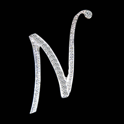 Picture of Pin Brooches Capital Alphabet/ Letter Message " N " Silver Plated Clear Rhinestone 1 Piece