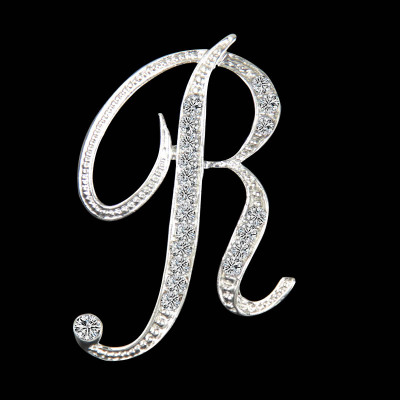 Picture of Pin Brooches Capital Alphabet/ Letter Message " R " Silver Plated Clear Rhinestone 1 Piece