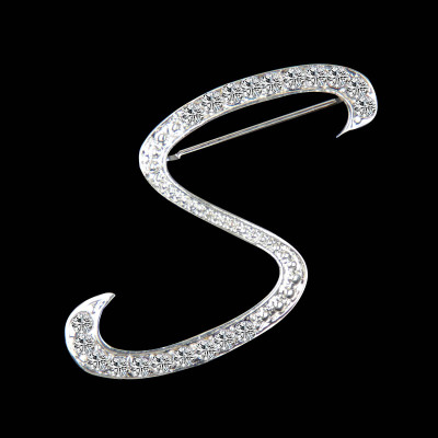 Picture of Pin Brooches Capital Alphabet/ Letter Message " S " Silver Plated Clear Rhinestone 1 Piece
