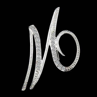 Picture of Pin Brooches Capital Alphabet/ Letter Message " W " Silver Plated Clear Rhinestone 1 Piece