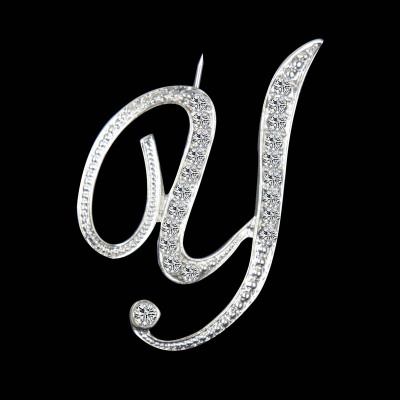 Picture of Pin Brooches Capital Alphabet/ Letter Message " Y " Silver Plated Clear Rhinestone 1 Piece