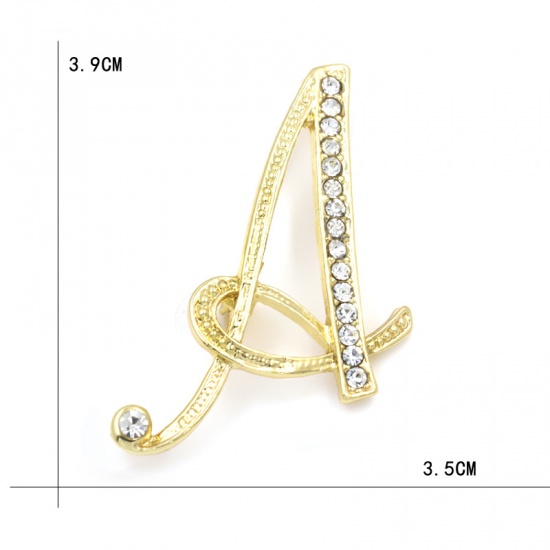 Picture of Pin Brooches Capital Alphabet/ Letter Message " A " Gold Plated Clear Rhinestone 39mm x 35mm, 1 Piece