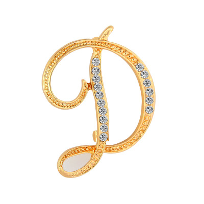 Picture of Pin Brooches Capital Alphabet/ Letter Message " D " Gold Plated Clear Rhinestone 37mm x 35mm, 1 Piece