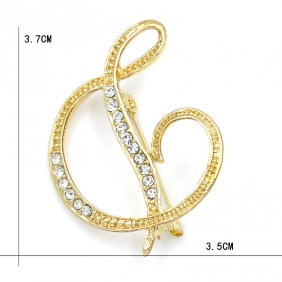 Picture of Pin Brooches Capital Alphabet/ Letter Message " D " Gold Plated Clear Rhinestone 37mm x 35mm, 1 Piece
