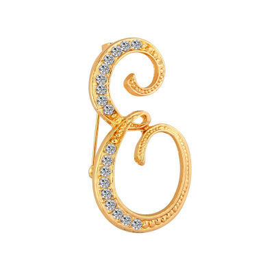 Picture of Pin Brooches Capital Alphabet/ Letter Message " E " Gold Plated Clear Rhinestone 45mm x 24mm, 1 Piece